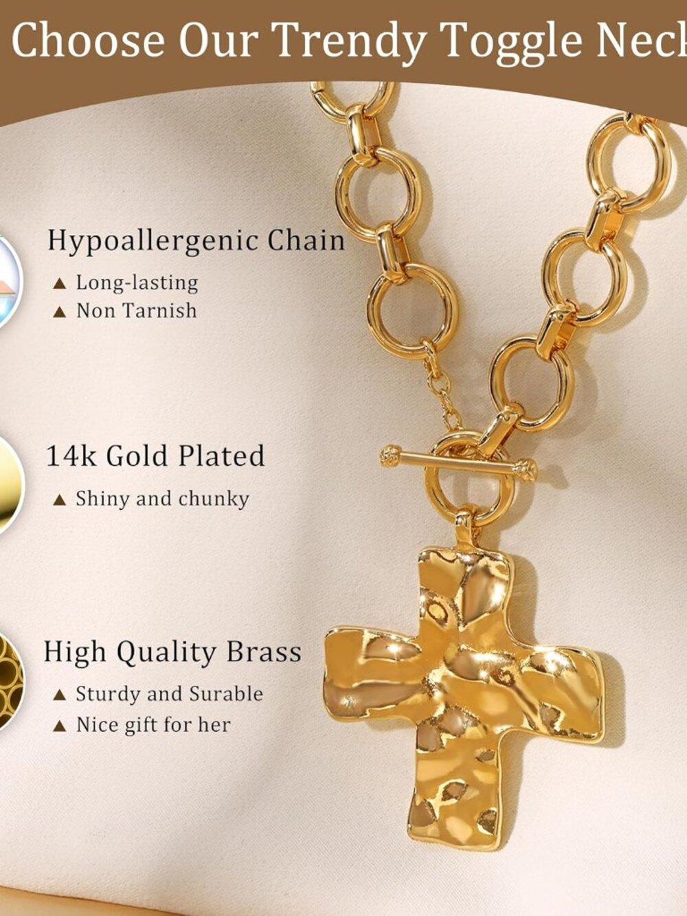 Gold Hammered Cross Pendant Toggle Necklace - Women Jewelry - Picture 4 of 7
